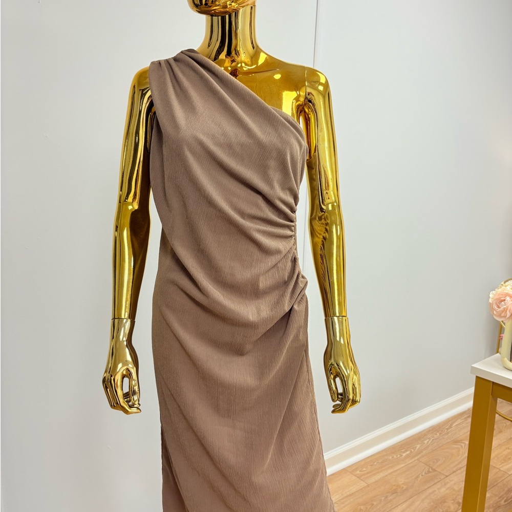 Elegant Tan One-Shoulder Dress